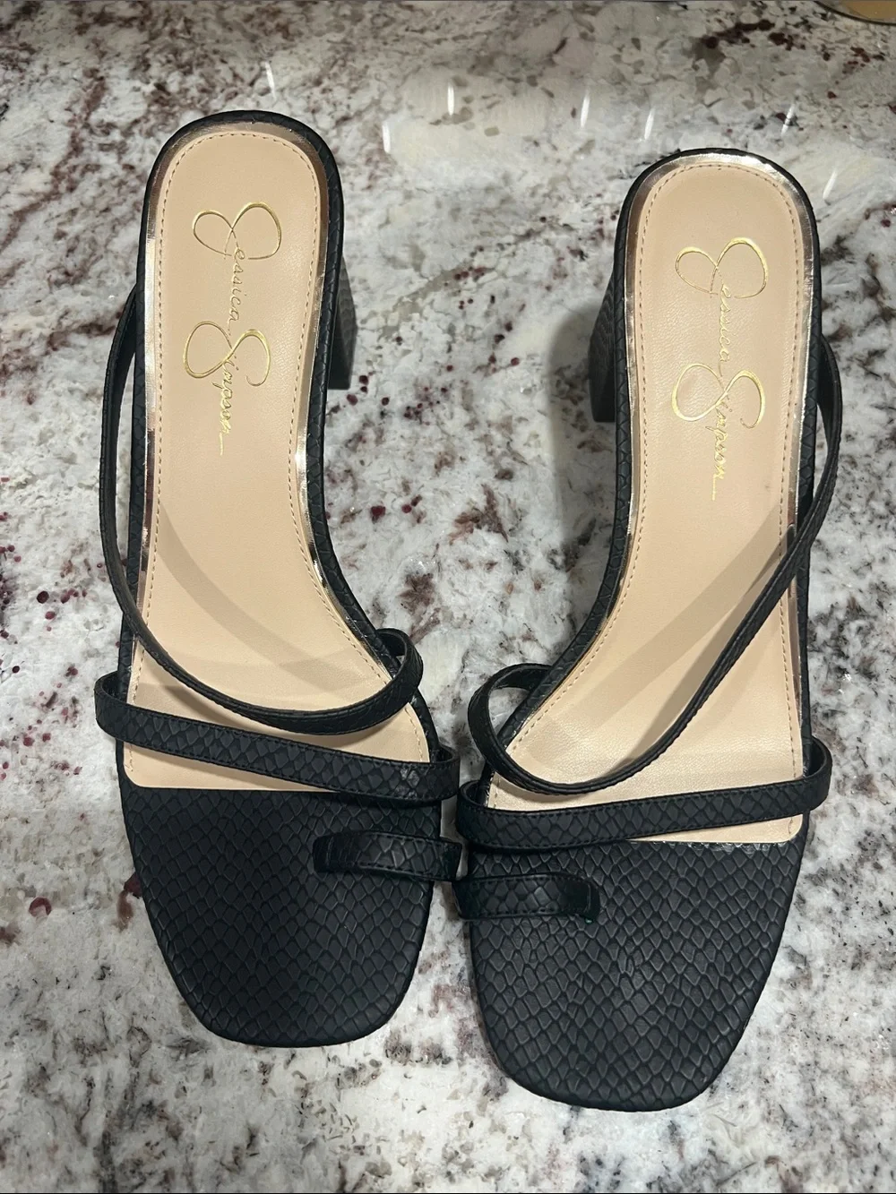 Jessica Simpson Black Textured Strappy Square-Toe Block Heels